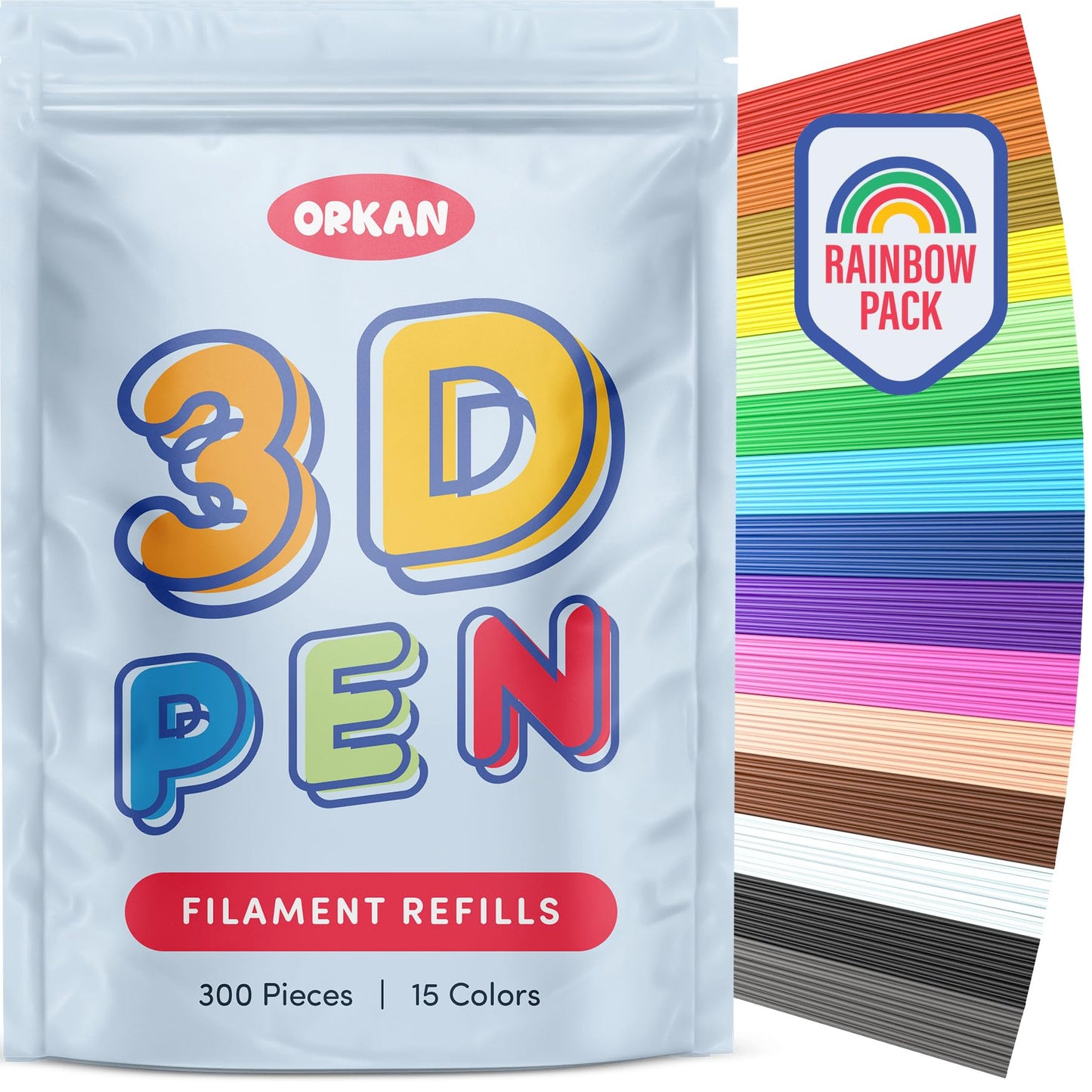 300 x ORKAN 3D Pen Filament Refills | Only Compatible with The 3Doodler Start+ | 15 Rainbow Colors | 6" x 2.5mm PCL Eco-Filament Strands | Safe for Kids | Only for 3Doodler Start+ 3D Pen