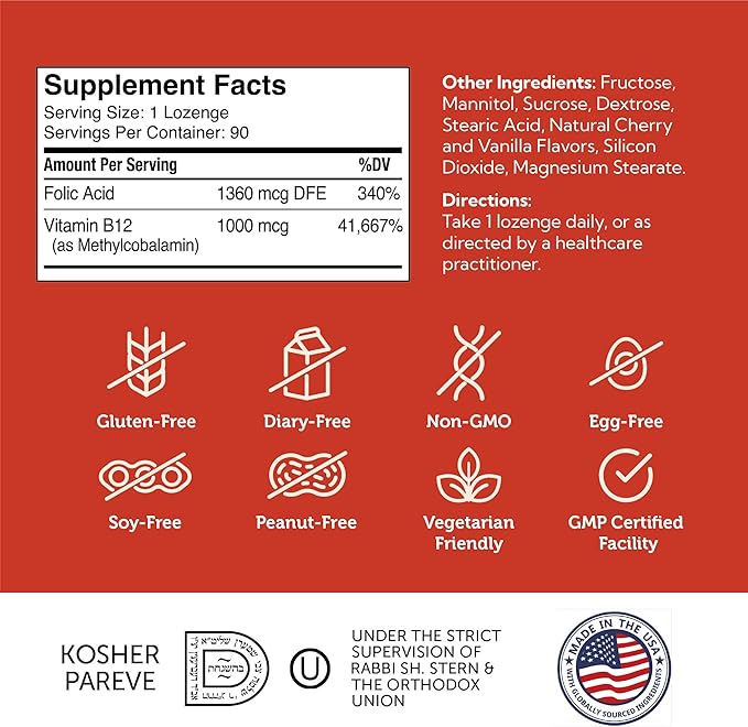 Zahler Energizer - Folate and B12 Supplement - Fast Dissolving Cherry Flavor Lozenges Dual Vitamin Methylated B12 & Folate Supplement with 1360 mcg Folic Acid + 1000 mcg Methyl Vitamin B12 (90 Count)