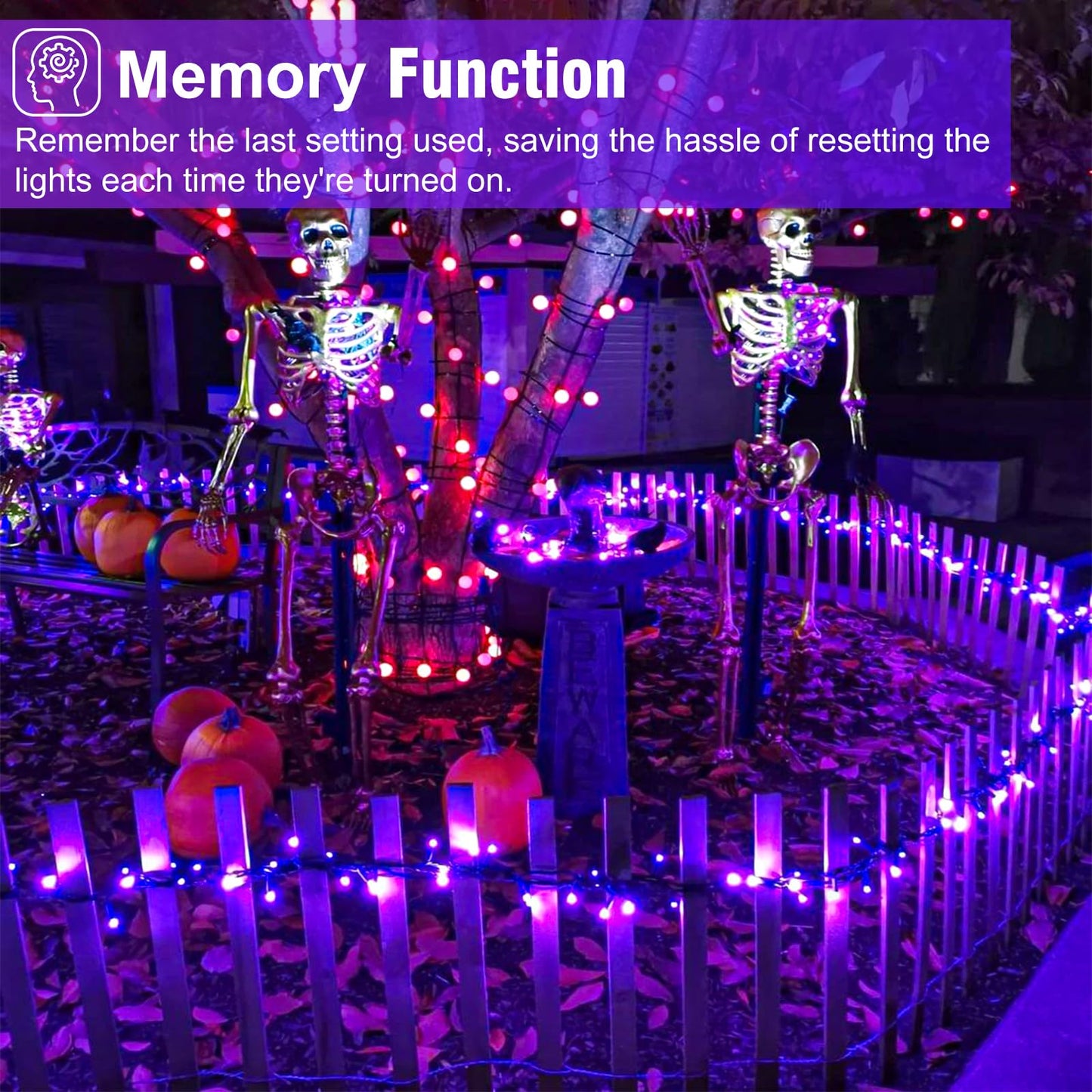 Nielfoi Halloween Lights, 200 LED Purple String Lights, 66FT, Waterproof, 8 Modes, Indoor/Outdoor, Green Wire, Model BG-CL3M3-306L01