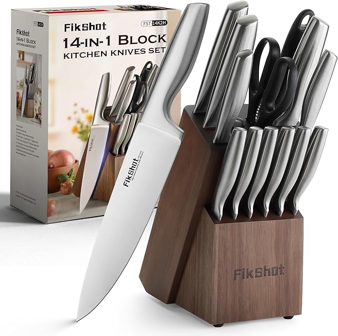 Knife Block Set, Kitchen Knife Sets with Block, FIKSHOT Knives Set - Razor-Sharp Santoku Knives, Fruit and Kitchen Sets - Rust Resistant for Homecooks (Silver + Walnut)