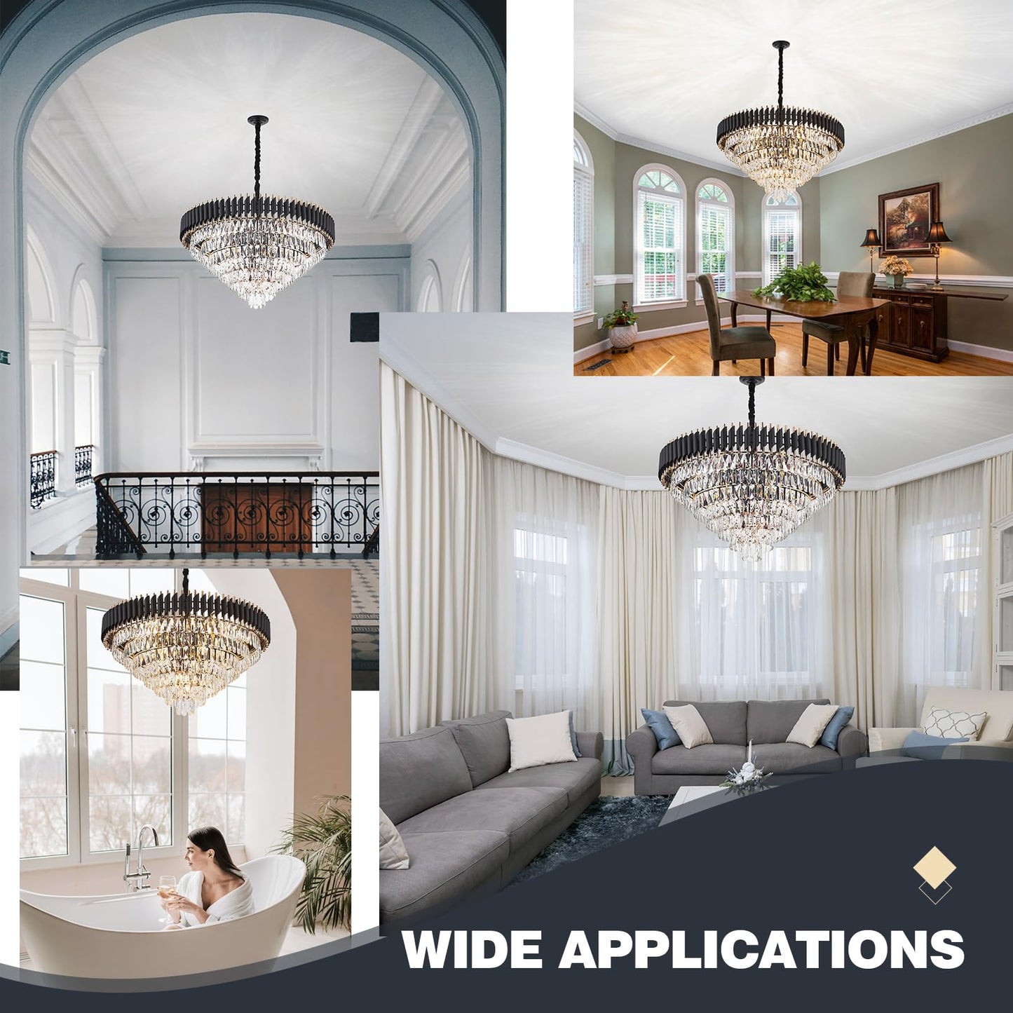 Brfaixla 7-Tier Black Gold Crystal Chandelier 35.5 18-Light Modern Crystal Pendant Chandelier Ceiling Light Fixture Hanging Lighting For Living Room Villa Restaurant Foyer High Ceiling