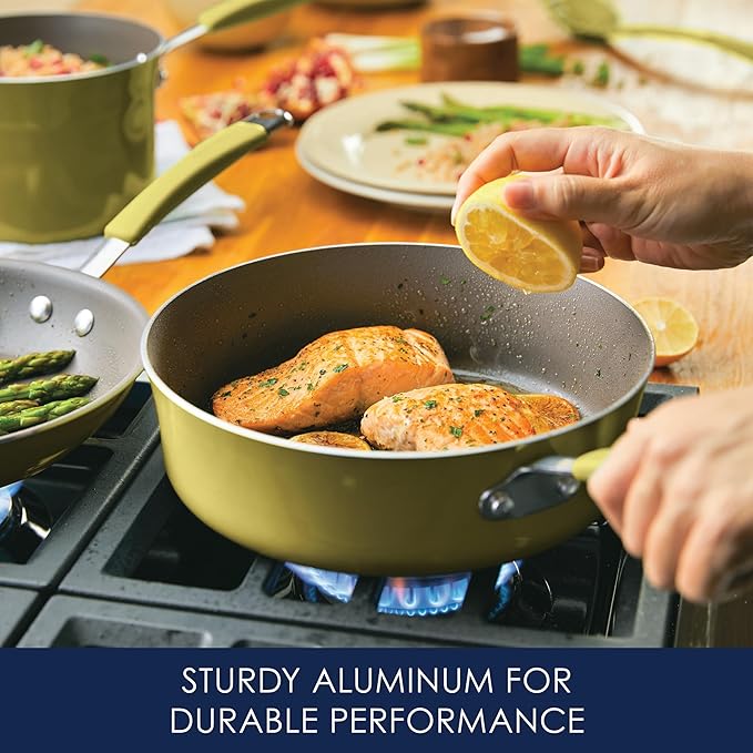 Rachael Ray Cucina Nonstick Cookware Pots and Pans Set, 12 Piece, Lemongrass Green