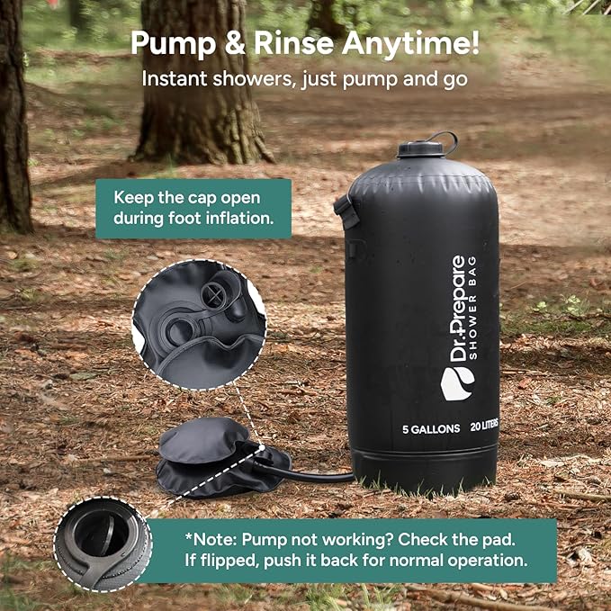 DR.PREPARE Camping Shower, 5 Gallons/20L Portable Shower with Foot Pump, Large Water Inlet, Outdoor Camp Shower Bag for Camping, Beach, Hiking, Climbing