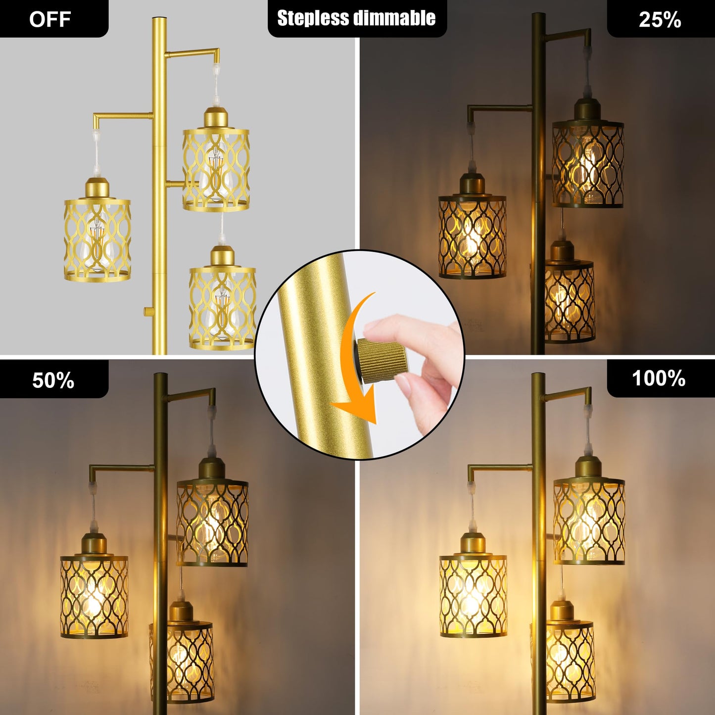 Rottogoon 68 Dimmable Gold Floor Lamp, 3-Light Rustic Design With Metal Shade, Includes 3X 6W E26 Bulbs, Model Rodlldd243