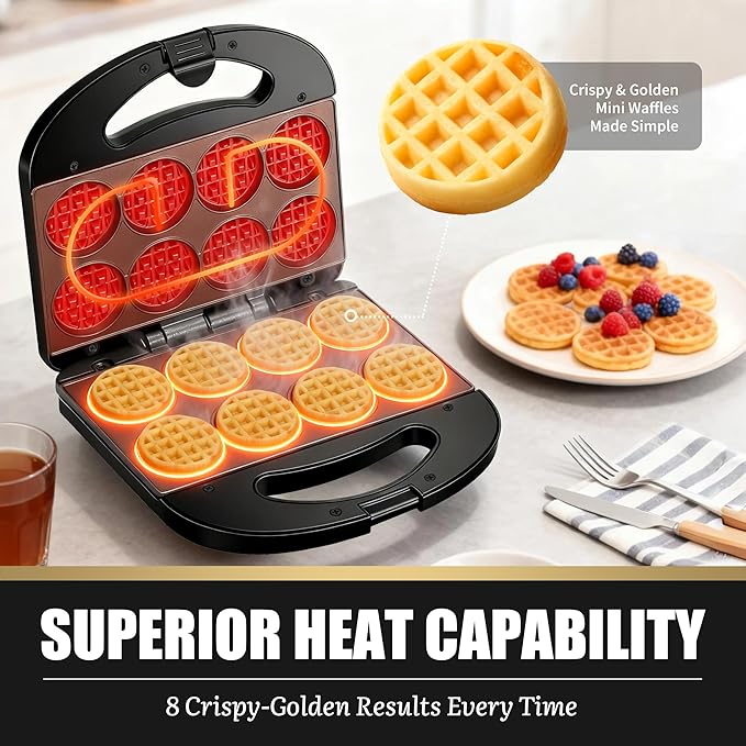 Mini Waffle Maker, Mini Waffle Iron, Waflera Electrica, Small Waffle Maker for Kids, Baby wafflera, Makes 8×2" Tiny Waffle Bites, Non-stick Surface, Ideal for Breakfast, Dessert and Snacks
