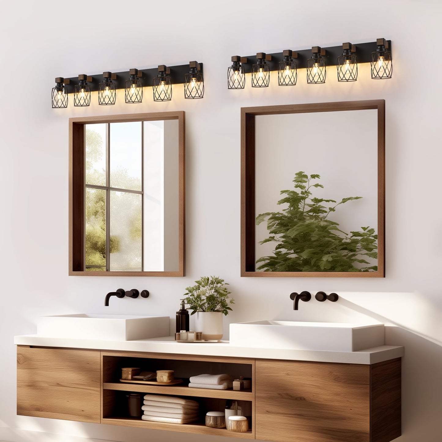 Xvmbvm Farmhouse Bathroom Vanity Light  6-Light Wood Bathroom Light Fixtures Over Mirror  Black Industrial Vanity Lights With Metal Shade  Rustic Bathrooms Lighting For Living Room  Bedroom  Hallway