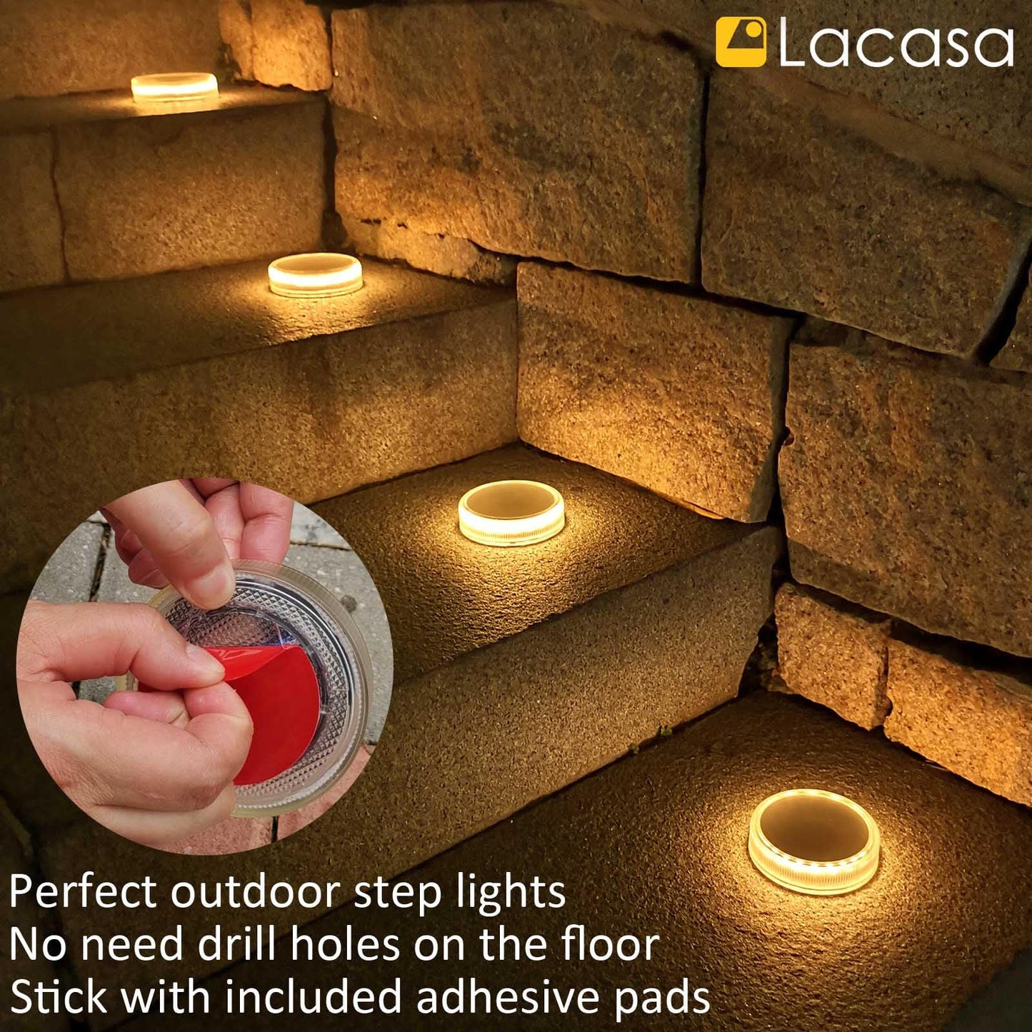 Lacasa Solar Deck Lights, 4 Pack, 30LM, IP68 Waterproof, Auto ON/OFF, Warm White 2700K, Round
