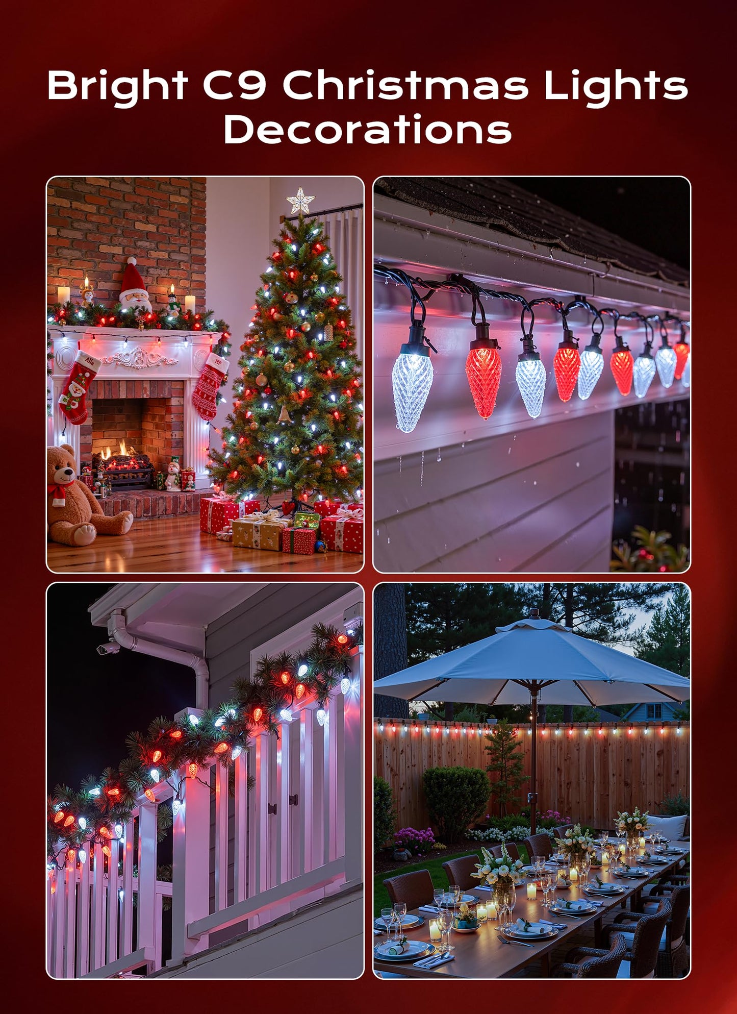 C9 Christmas Lights Outdoor  66 Ft 100 Led Connectable C9 String Lights With 8 Modes And Timer Xmas Tree Patio Roofline Garden Yard Holiday Party Indoor Outdoor Decoration  Red And White