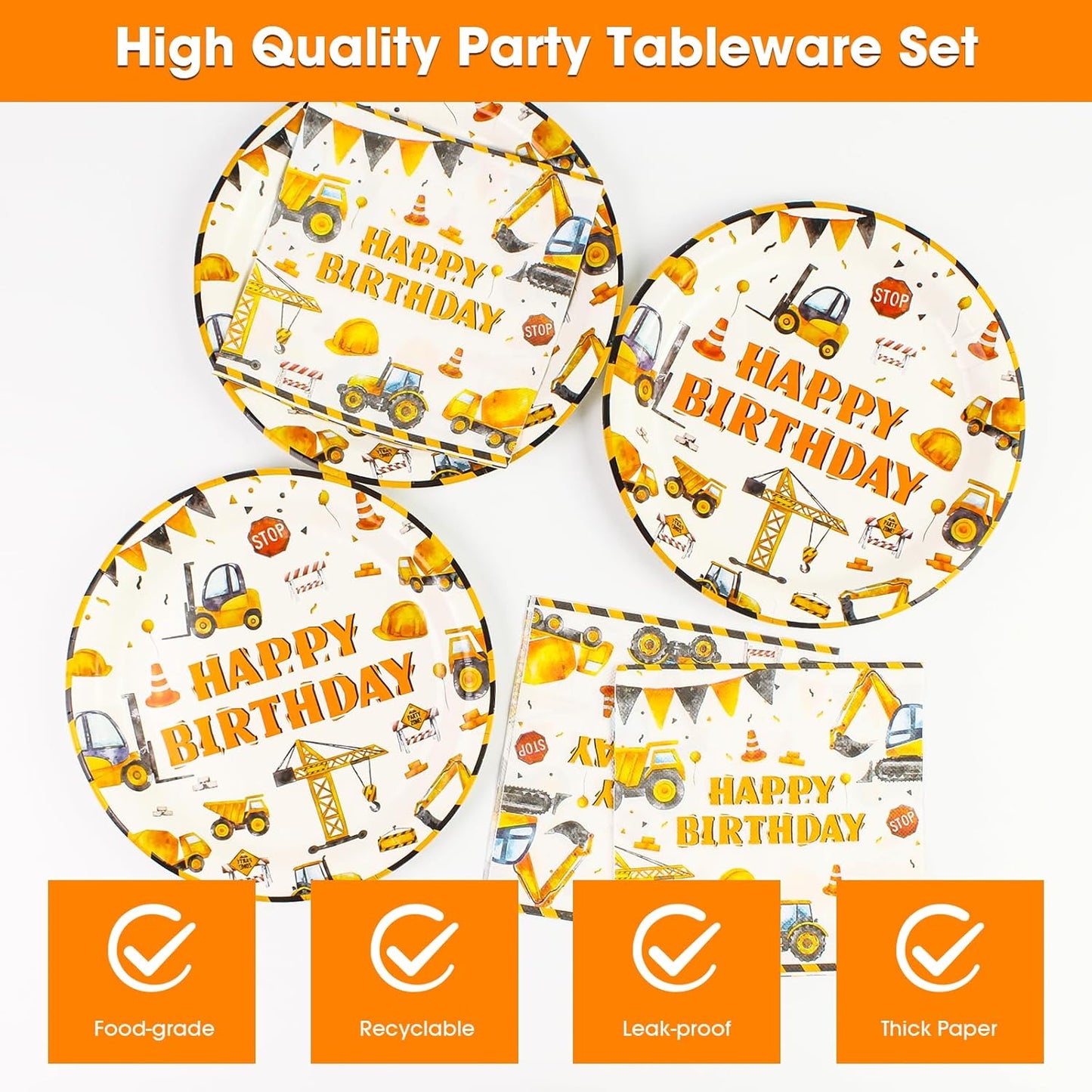 40PCS Construction Happy Birthday Paper Plates and Napkins Party Supplies, Disposable Construction Party Plates and Napkins Tableware Set for Kids Boys Birthday Party Decorations Serves 20