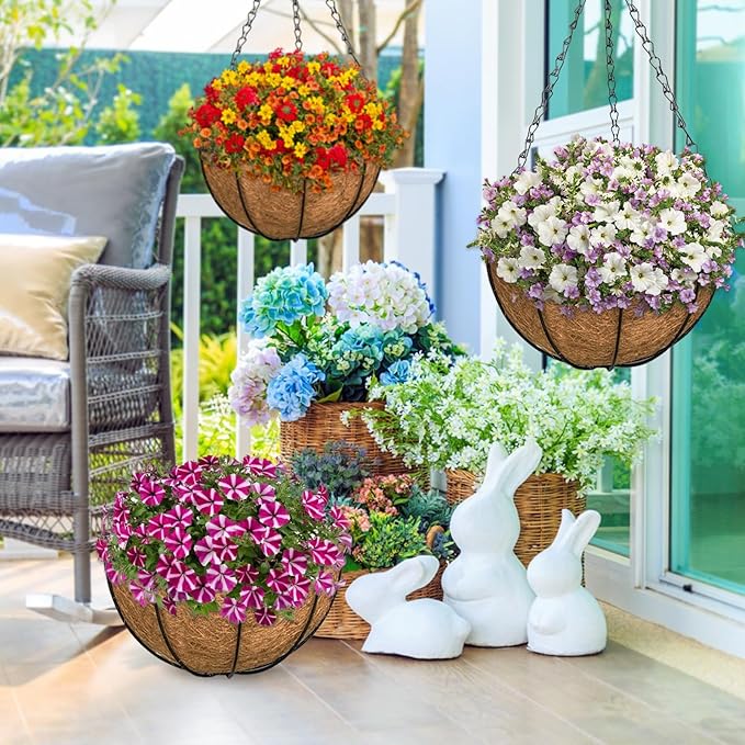 ZeeDix 12 Inch Hanging Baskets for Plants, 2 Pack Metal Round Hanging Planter with Coconut Liners Replacement, Hanging Flower Pots for Outdoor Indoor Plants Flowers Vegetables