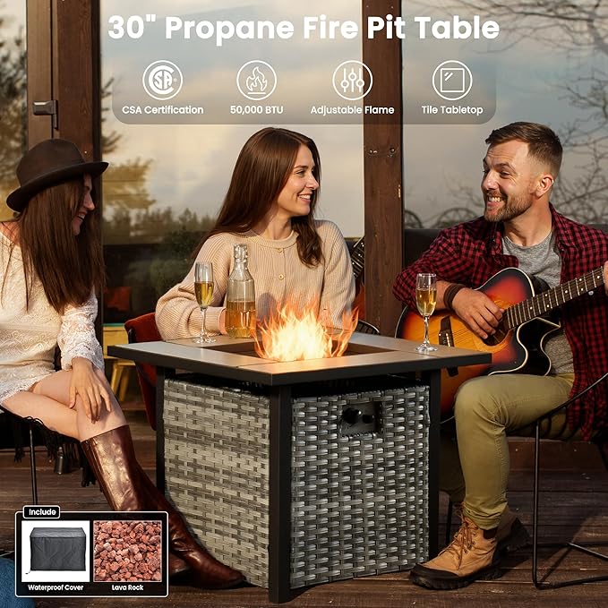 ovios 6 Pieces Patio Furniture Set with 30" Fire Pit Table, Outdoor Wicker Sofa with Ottomans, Comfy Cushions, High Back Couch Conversation Set, Grey Rattan, Grey