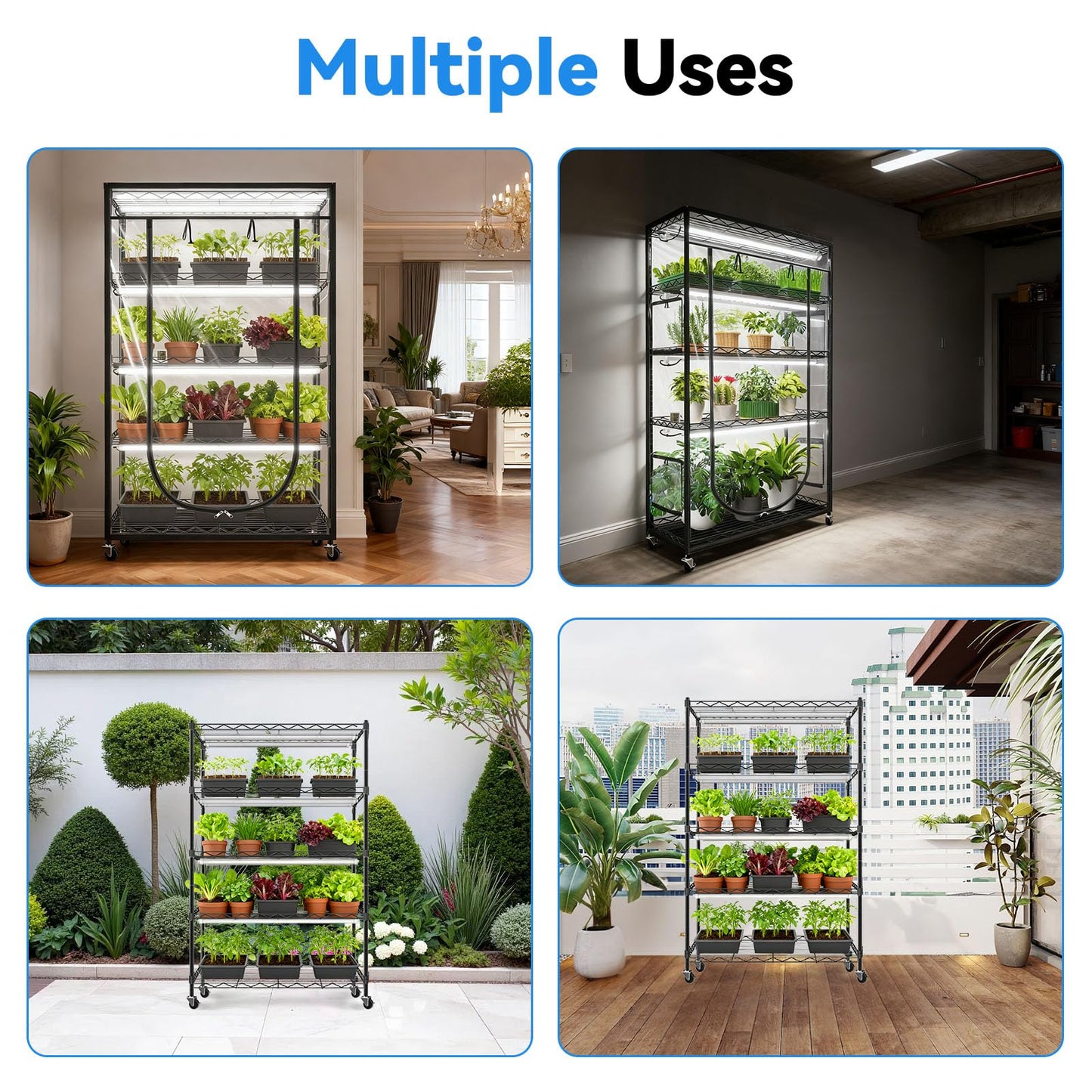 Jesled Indoor Greenhouse With Grow Light  3Ft Full Spectrum 5000K Led Light For Seed Starting  Tiered Lighting Control  Built-In Timer & Thermo-Hygrometer  Rolling Metal Plant Stand (35.4X13.8X70In)