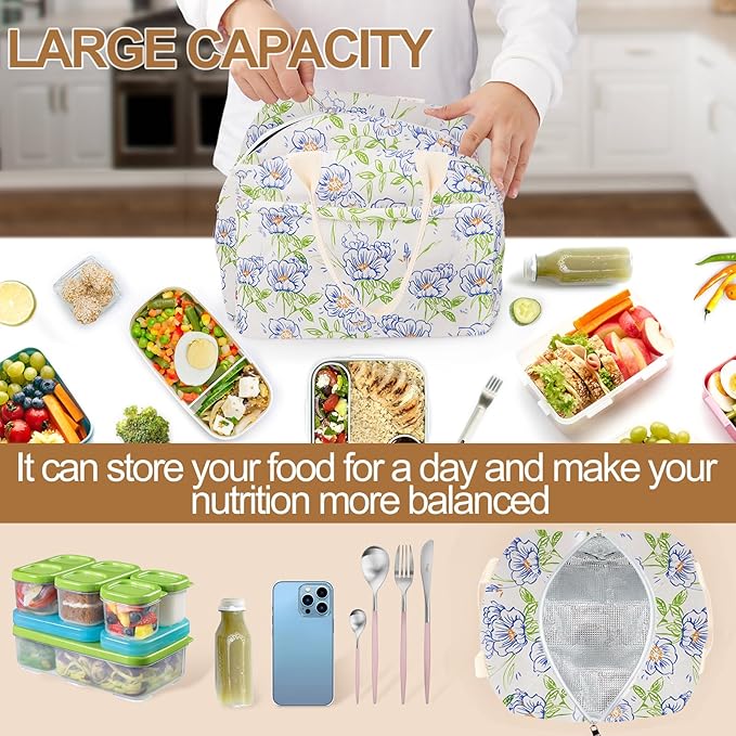 Cotton Quilted Insulated Lunch Bag, Cute Quilted Floral Lunch Tote Bags Reusable Insulated Lunch Box Coquette Aesthetic Large Capacity Insulated Cooler for Women Work Travel Picnic (Blue Flower)
