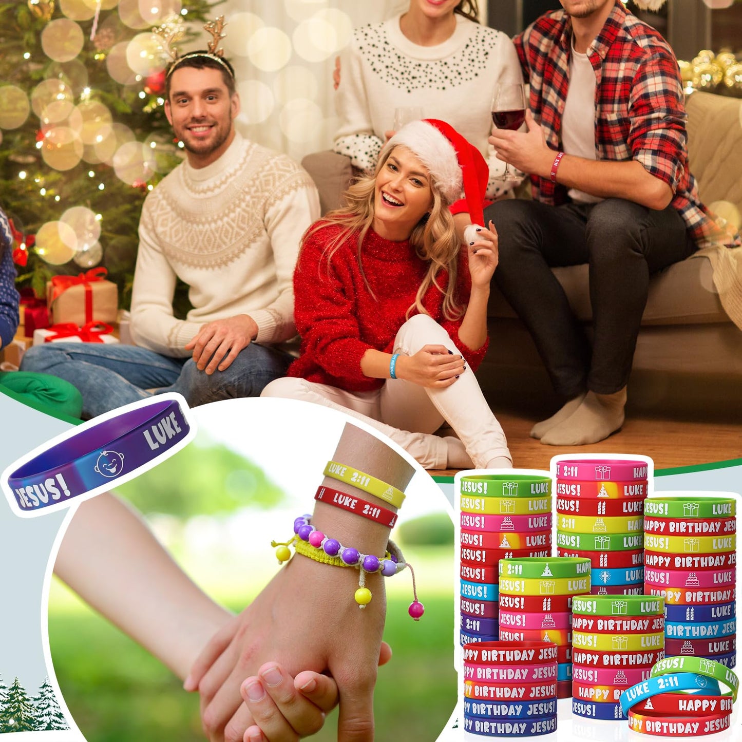 PullCrease 100 Pcs Happy Birthday Jesus Wristband Christmas Luke 2: 11 Rubber Wristband 10 Styles with Christian Religious Cross