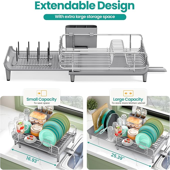 TOOLF Dish Drying Rack - Large Expandable Dish Rack for Kitchen Counter, Stainless Steel Dish Drainer for Kitchen Organization with Cutlery ＆ Cup Holder,Gray