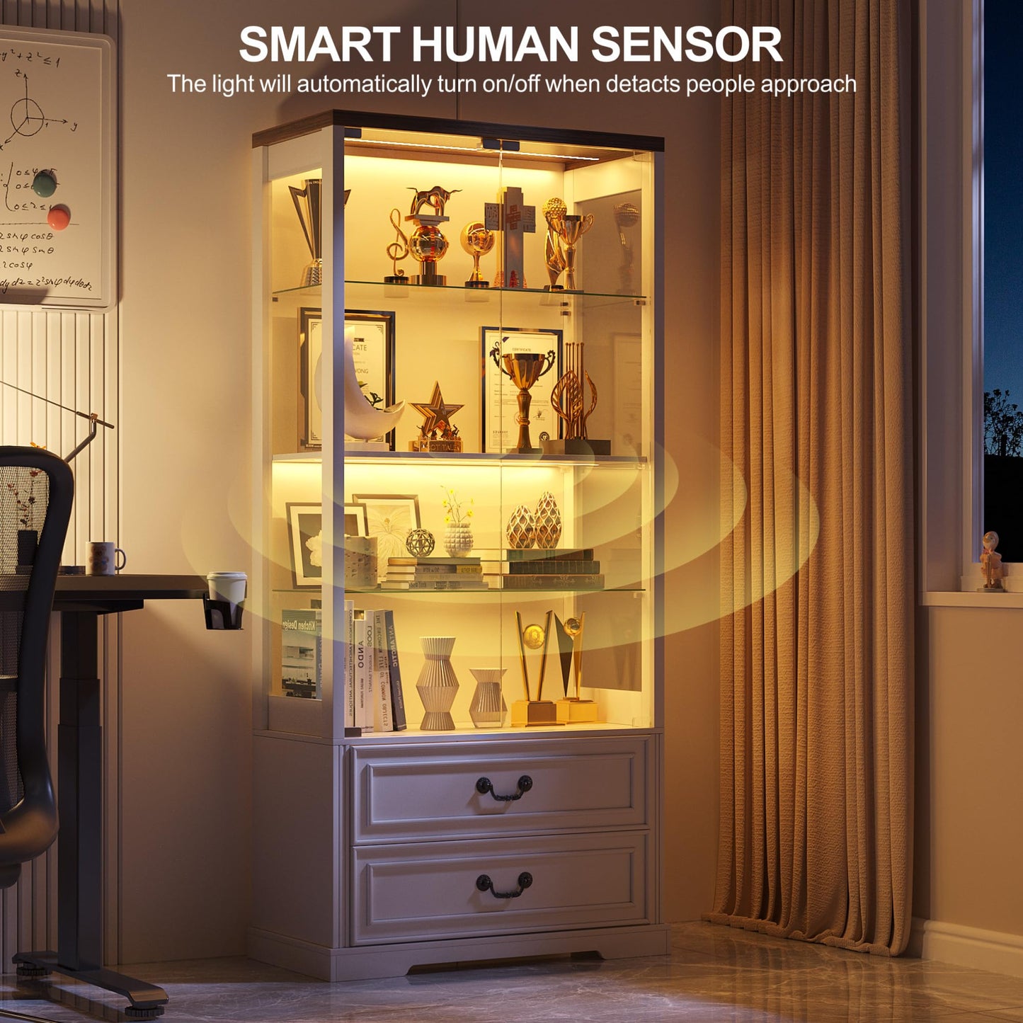 TAGELIER 67" Tall Display Cabinet with Glass Doors and 2 Drawers, Adjustable Glass Height Bookcase, Curio Cabinet with 3 LED Lights and Human Body Sensor (White)