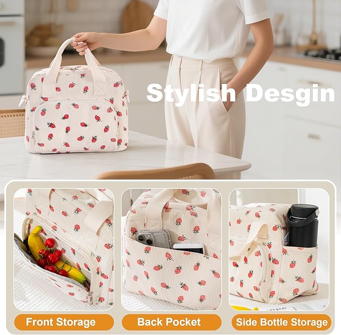 Large Lunch Bag for Women Strawberry Insulated Lunch Box Reusable Cooler Bag Portable Cute Corduroy Leakproof Tote Bags for Travel, Work, and Picnic
