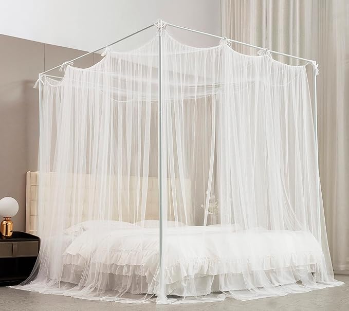 Mengersi Canopy Bed Curtains Bed Canopy with Lights for Girls, Bed Netting Unique Style 4 Door Mosquito Net for Adults Women Bedroom Decor (White+Lights, Twin/Twin XL)
