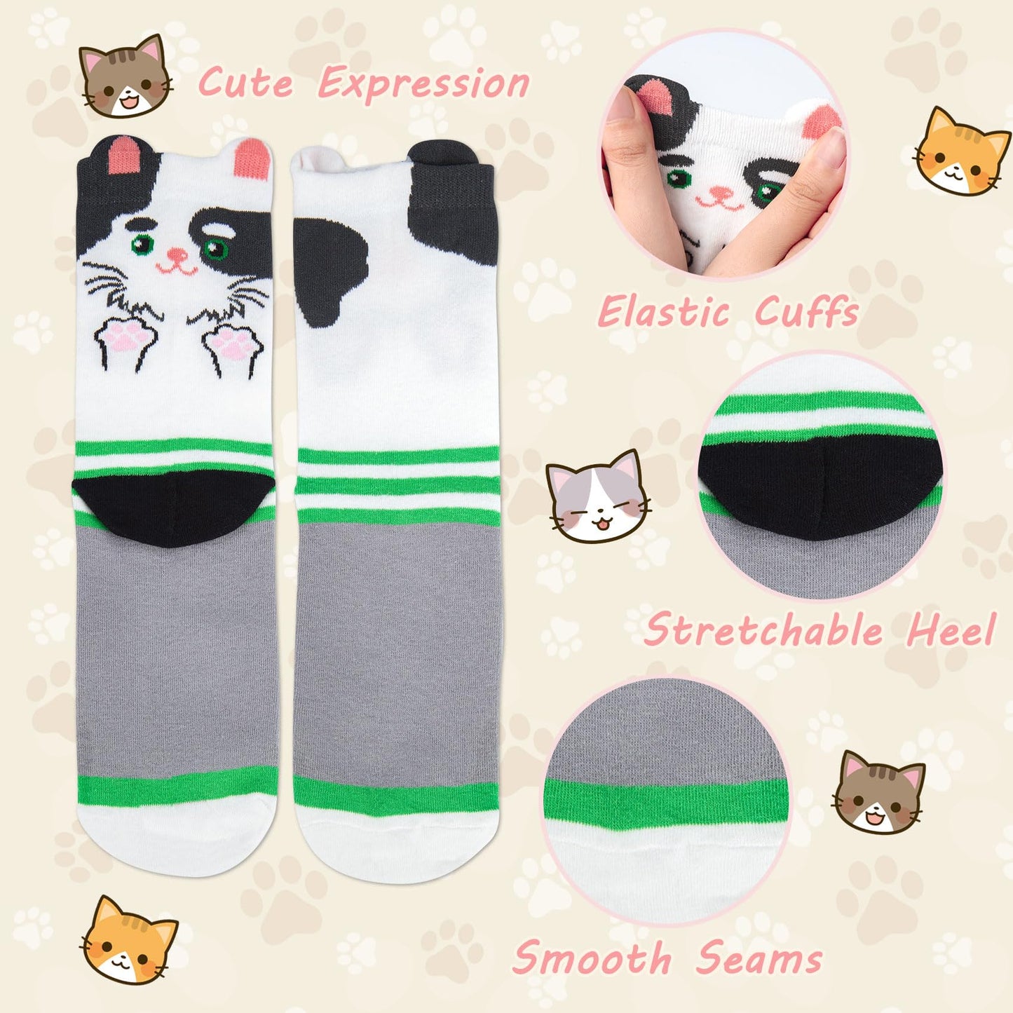 Cropgain 5 Pairs Women Girls Socks Cute Animal Socks Cat Dog Cow More Fun Novelty Socks Gifts for Girls,Mixed Striped Cats