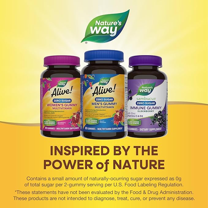 Nature’s Way Alive! Zero Sugar Men's Gummy Multivitamin, Energy Metabolism*, Muscle Function*, B-Vitamins, No Sugar Alcohols, Plant-Based Sweeteners, Peach Flavored, 80 Gummies