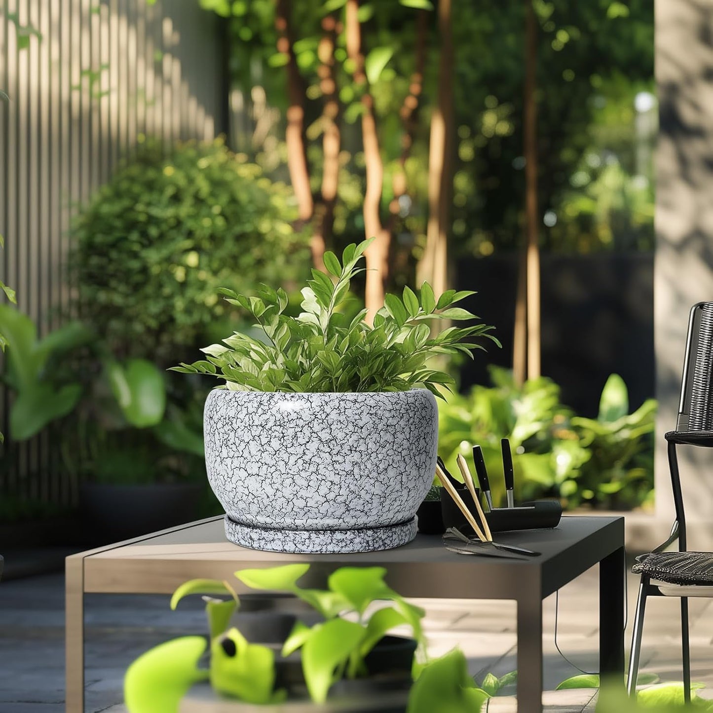 SQOWL Ceramic Planters - 10 Inch Ceramic Flower Pot with Drainage Hole and Saucer, Decorative Plant Pot Indoor, Round Large Planter Outdoor, Bathroom Decor, Gifts for Plant Lovers, Black and White