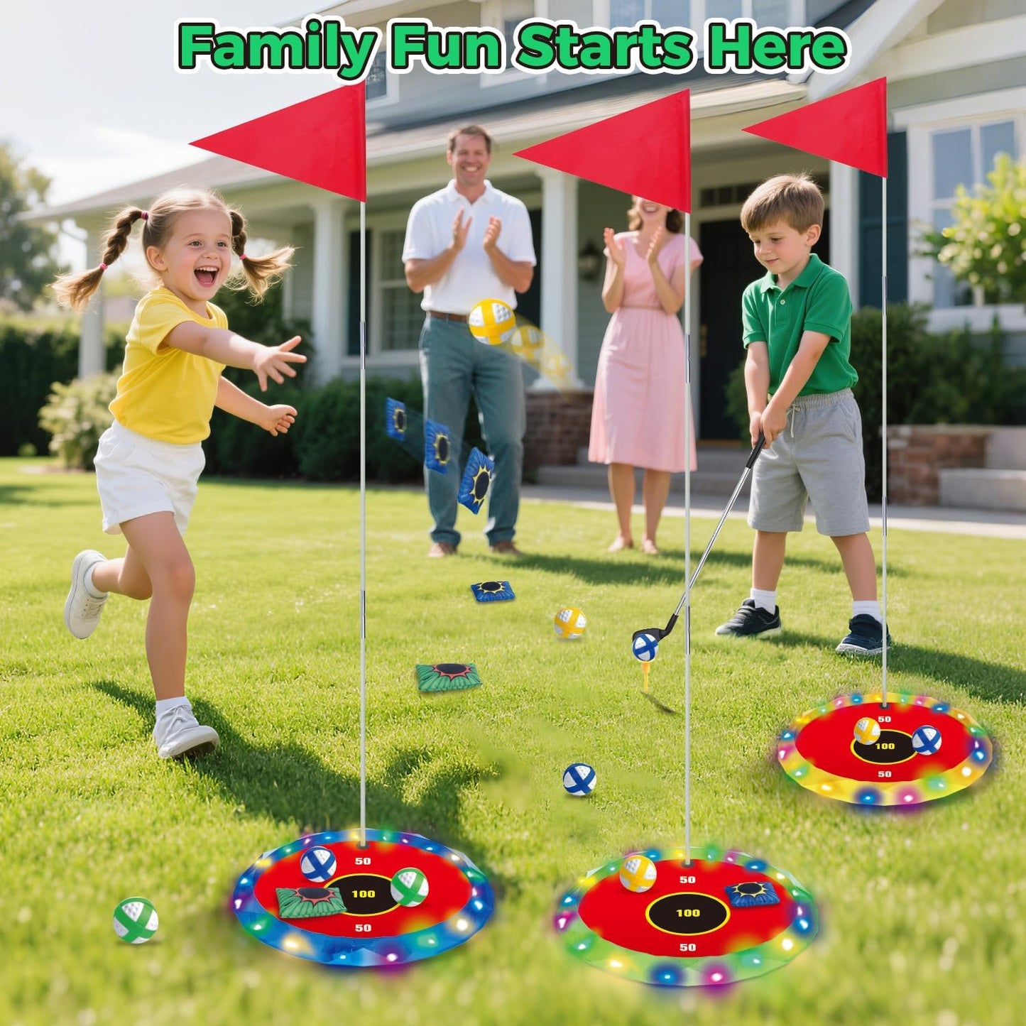 VATOS 2-in-1 Light up Golf for Kids- Golf Chipping Game & Bean Bag Toss with 6 LED Targets, 2 Clubs, 18 Balls, Night Golfs Play for Indoor Outdoor Party Yard Golfer Gifts Sports Toys for Kids 5-12