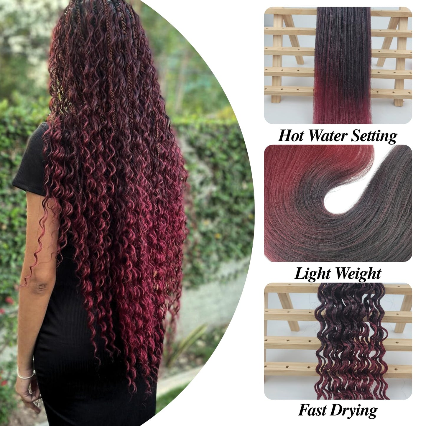 Burgundy Ombre Braiding Hair Pre stretched Synthetic Hypoallergenic Boho Curly Hair for Braiding Ombre Knotless Ez Braids Hair