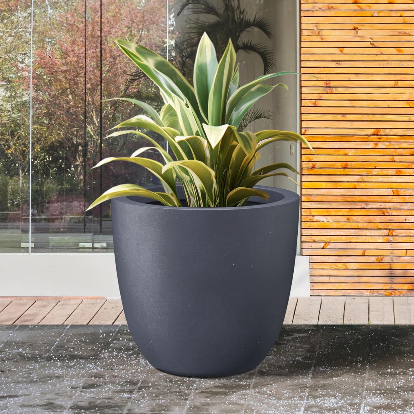 Kante 18 Inch Dia Round Concrete Planter, Indoor Outdoor Large Plant Pot with Drainage Hole and Rubber Plug for Home Patio Garden, Charcoal