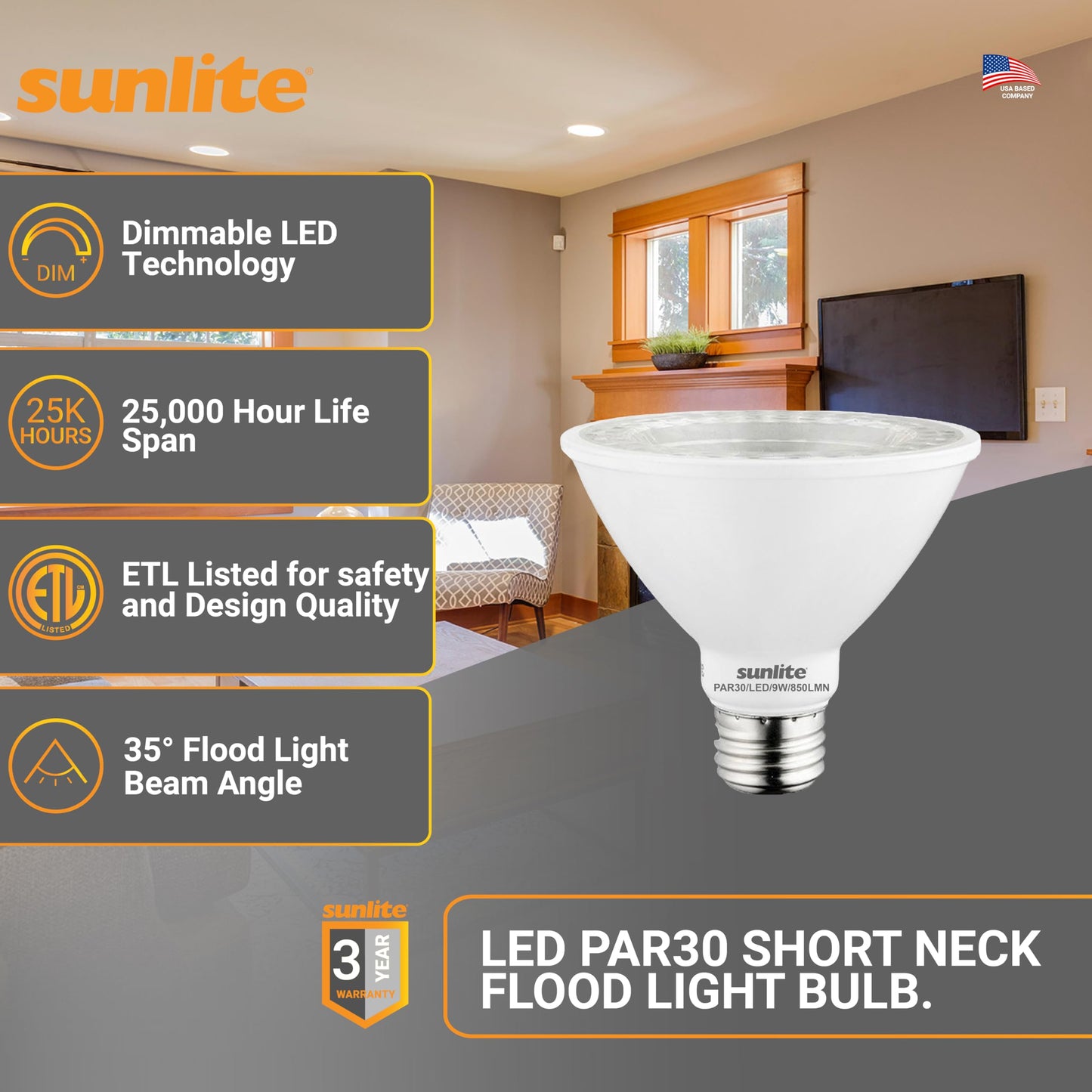 Sunlite LED PAR30 Flood Light Bulb, 9W (75W Equivalent), 850 Lumens, Dimmable, 3000K Warm White, 6 Count, Model 409