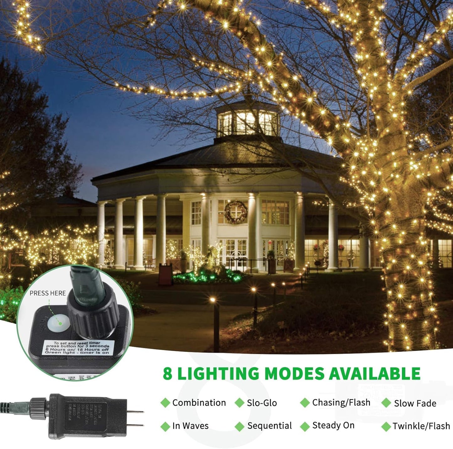 Tcamp 164FT 500 LED Christmas Lights, 8 Modes, Timer Function, Green Wire, Warm White