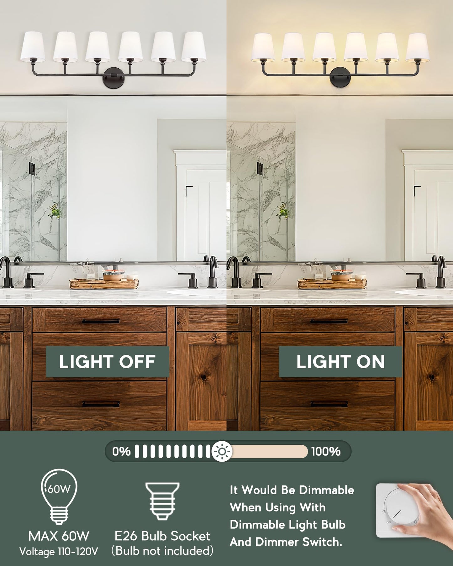 Metwet Bathroom Light Fixtures  42 Inch Matte Black Vanity Lights With Flared White Fabric Shade  6-Light Wall Sconce  Modern Sconces Wall Lighting For Hallway Bedroom  Vl837-Mb-6