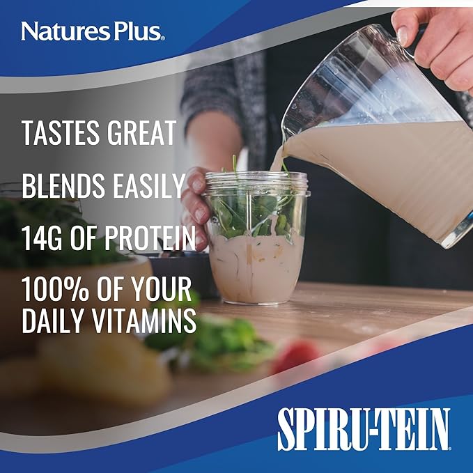 Natures Plus SPIRU-TEIN, Chocolate - 8 Total Packets - Plant-Based Protein Shake - Non-GMO, Vegetarian, Gluten Free - 8 Total Servings