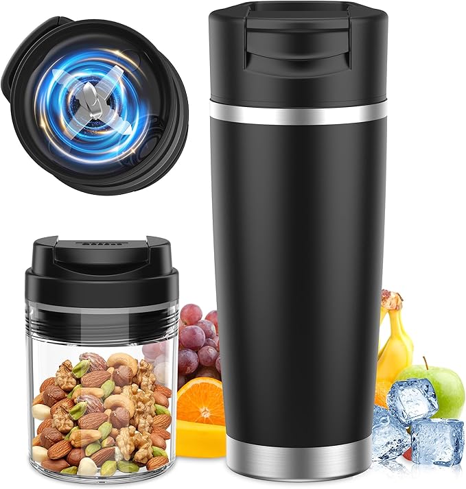 Portable Blender for Smoothies&Shakes 24oz Insulated Cup Cordless, Personal Small Licuadora Portatil With Stainless Steel Bottle, USB-C Rechargeable Travel Blender, BPA Free, for Juicing(Black)