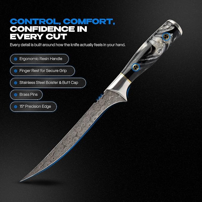 Handmade Damascus 7" Fillet Knife - Flexible Kitchen Knife for Precise Cutting, Ideal Boning Knife for Meat & Fish Fillet, Premium Filet for Fish