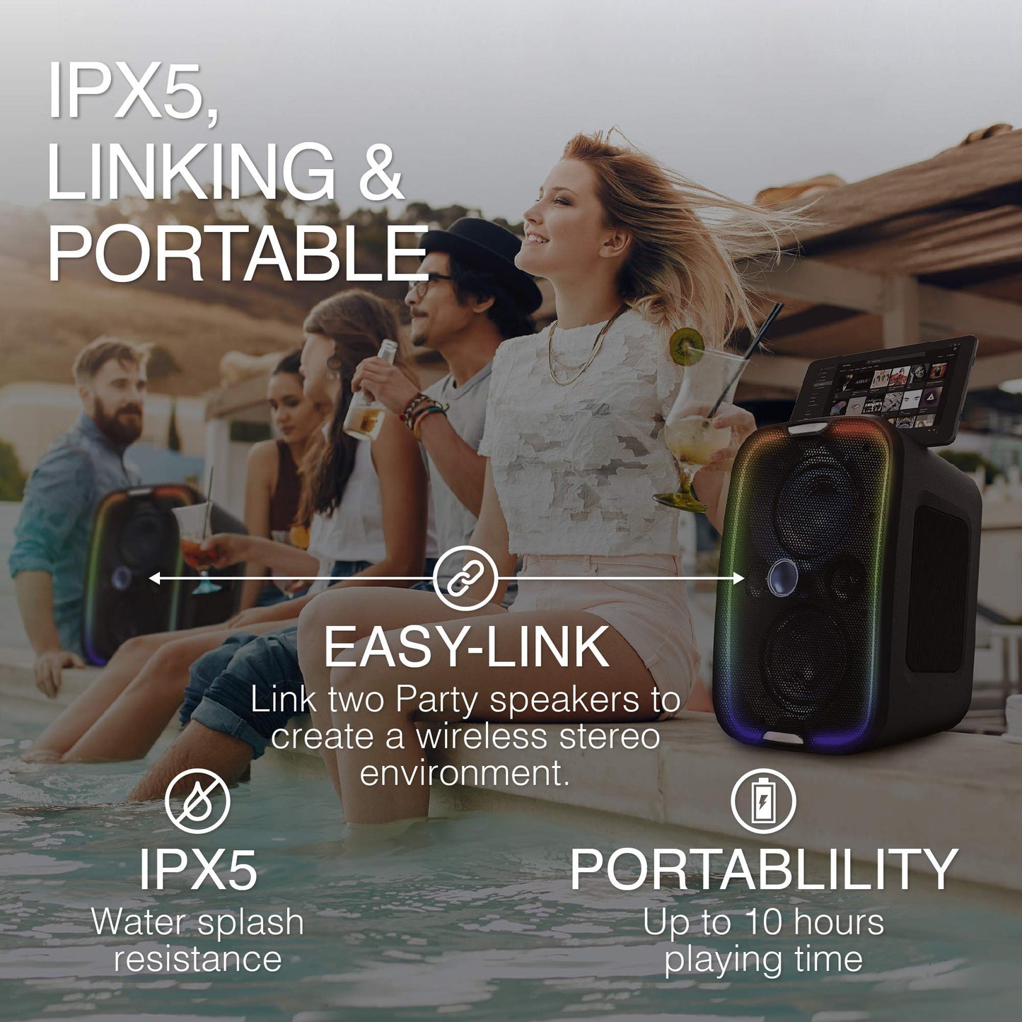 Brookstone Bluetooth Speakers, IPX5 Waterproof Outdoor Speaker, Portable Bluetooth Speaker with LED Light Show, 60 Watt RMS Speaker, Wireless Charging Pad for Smartphone, Connect Multiple Speakers