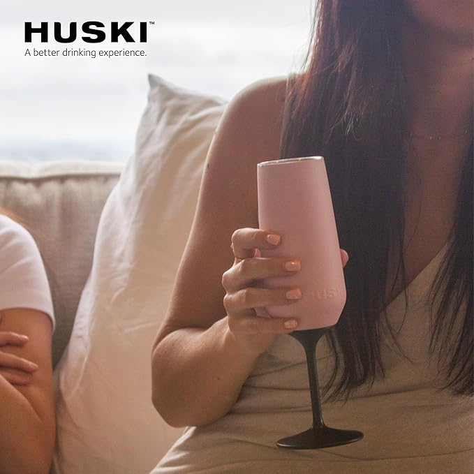 Huski Champagne Flute | NEW | Premium Stainless Steel Champagne Glass with Lid | Go Stemmed or Stemless with Detachable Stem | Triple Insulated Tumbler | 8oz Capacity | Great Gift (Powder Pink)