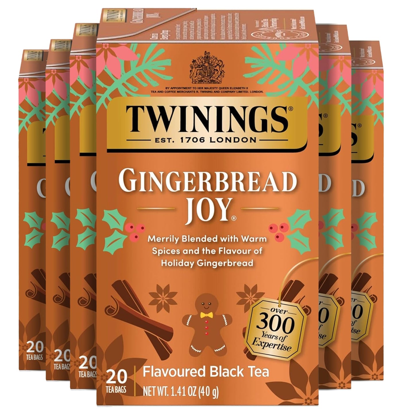 Twinings Gingerbread Joy Black Tea Individually Wrapped Bags, 20 Count (Pack of 6), Ginger & Cinnamon, Caffeinated, Enjoy Hot or