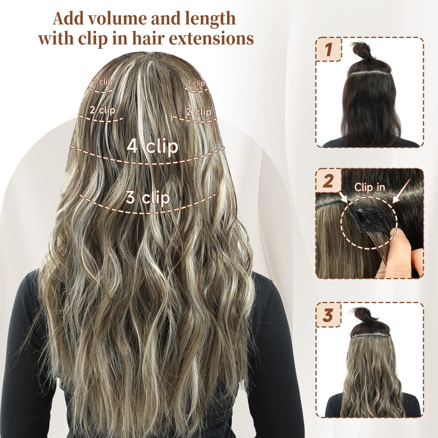 Fliace Clip in Hair Extensions, 6 PCS Natural & Blends Well Hair Extensions, Long Wavy Hairpieces(20inch, 6pcs, Light Brown Mix