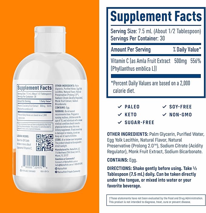 NativePath Liposomal Vitamin C with Amla Extract - 500mg Natural Vitamin C, Egg Lecithin, Orange Flavor, 30 Servings
