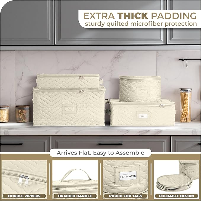 Sorbus China Storage Containers - Quilted Dish Storage Containers for Organizing, Moving Supplies, Party - 4 Stackable Plate Carrier Set for Dinnerware, Plate Organizer with Felt Plate Protector