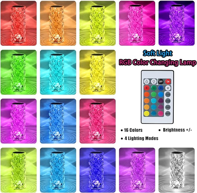 Crystal Lamp Touch, RGB 16 Colors Changing Night Light with Remote, Rechargeable Crystal Table Lamp Bedside Lamp, Rose Wave Diamond Night Light, Ambient Lighting for Bedroom/Game Room/Dinning Room