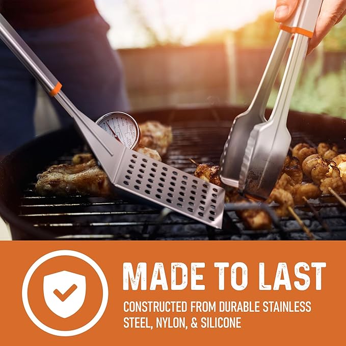 Yukon Glory Stainless Steel BBQ Tool Set with Rotating Stand & Drip Pan – Complete Grill Tool Kit with Spatula, Tongs, Fork & Brush – Durable, Easy to Clean – Great Gift for Men Who Love Grilling