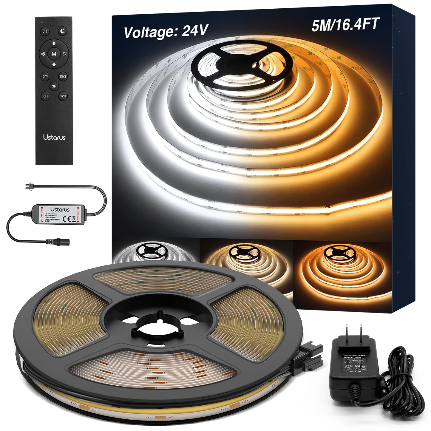 Ustarus COB LED Strip Light 16.4FT 24V Dimmable 2700K-6500K White Model ULS-A