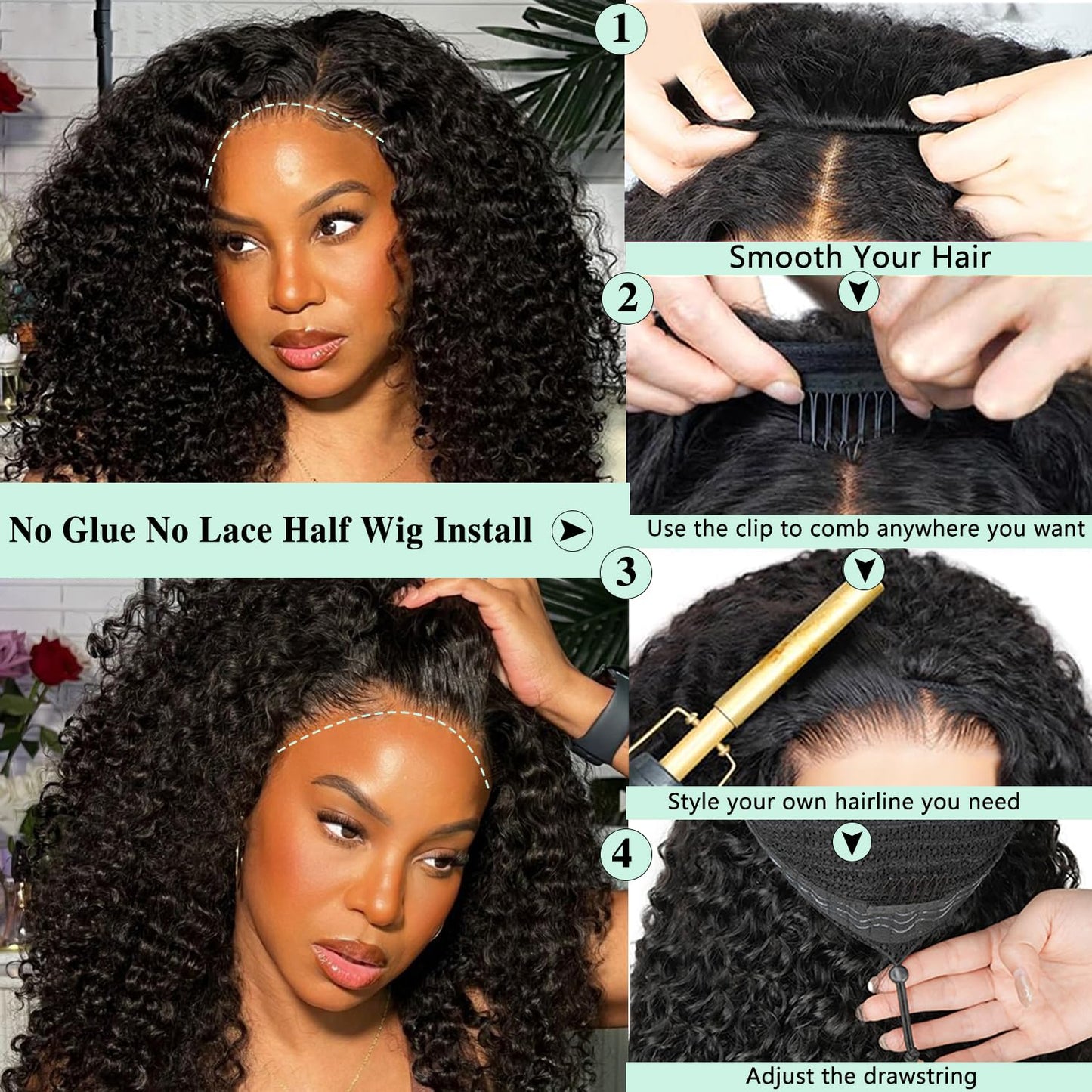 Burmese Curly Half Wigs Human Hair with Drawstring And Spiral End,200% Density Wear And Go Glueless Wigs Curly 3 In 1 Half Wig f