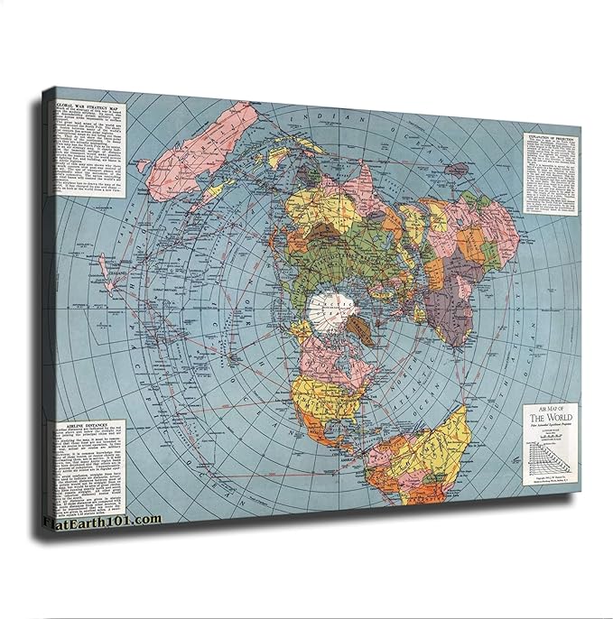 Flat Earth Map of The World Model - 1943 Polar Azimuthal Equidistant Projection Map Art Poster Room Aesthetic Wall Art Canvas Decoration Home Decor Gifts (16×24inch Framed)