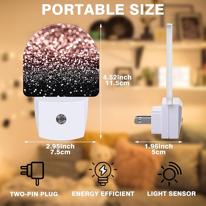 Night Lights Plug into Wall Rose Gold Glitter Night Light Dusk to Dawn Smart Sensor Decorative Round Led Lamp for Bedroom Kitchen Hallway Nightlight for Women Men