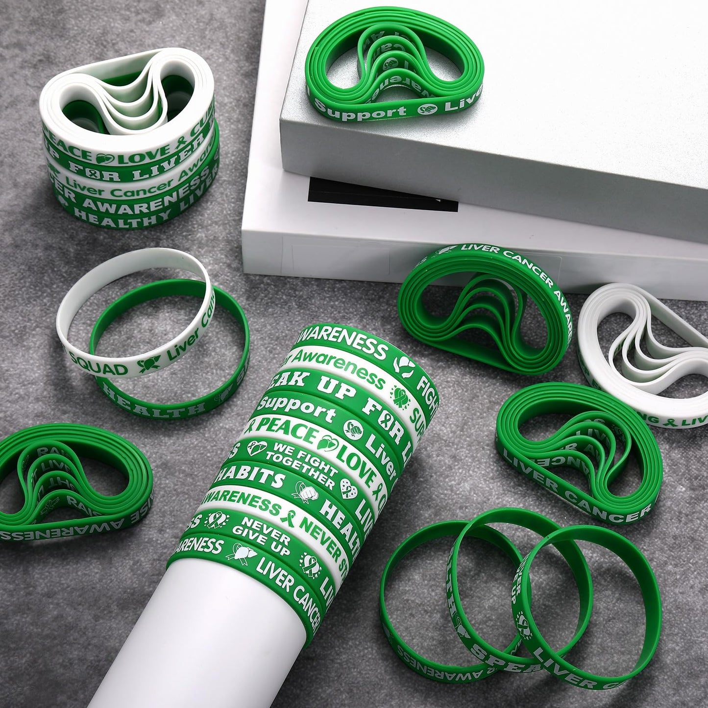 100 Pcs Liver Cancer Awareness Wristbands Bulk 10 Styles Green Ribbon Silicone Bracelets Liver Cancer Awareness Wristbands with