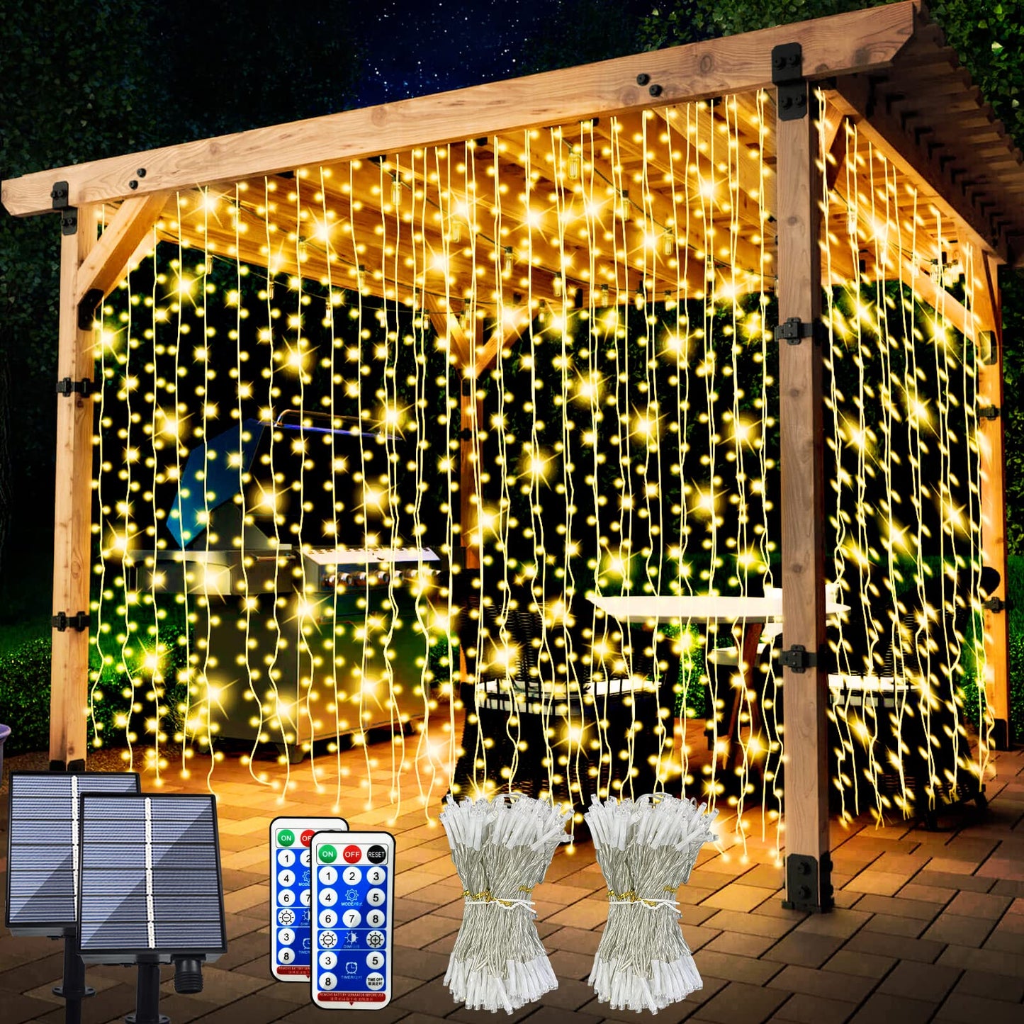 LiyuanQ Solar Curtain Lights, 300 LED, 8 Modes, Waterproof, Warm White, 2 Pack for Outdoor Garden Decoration