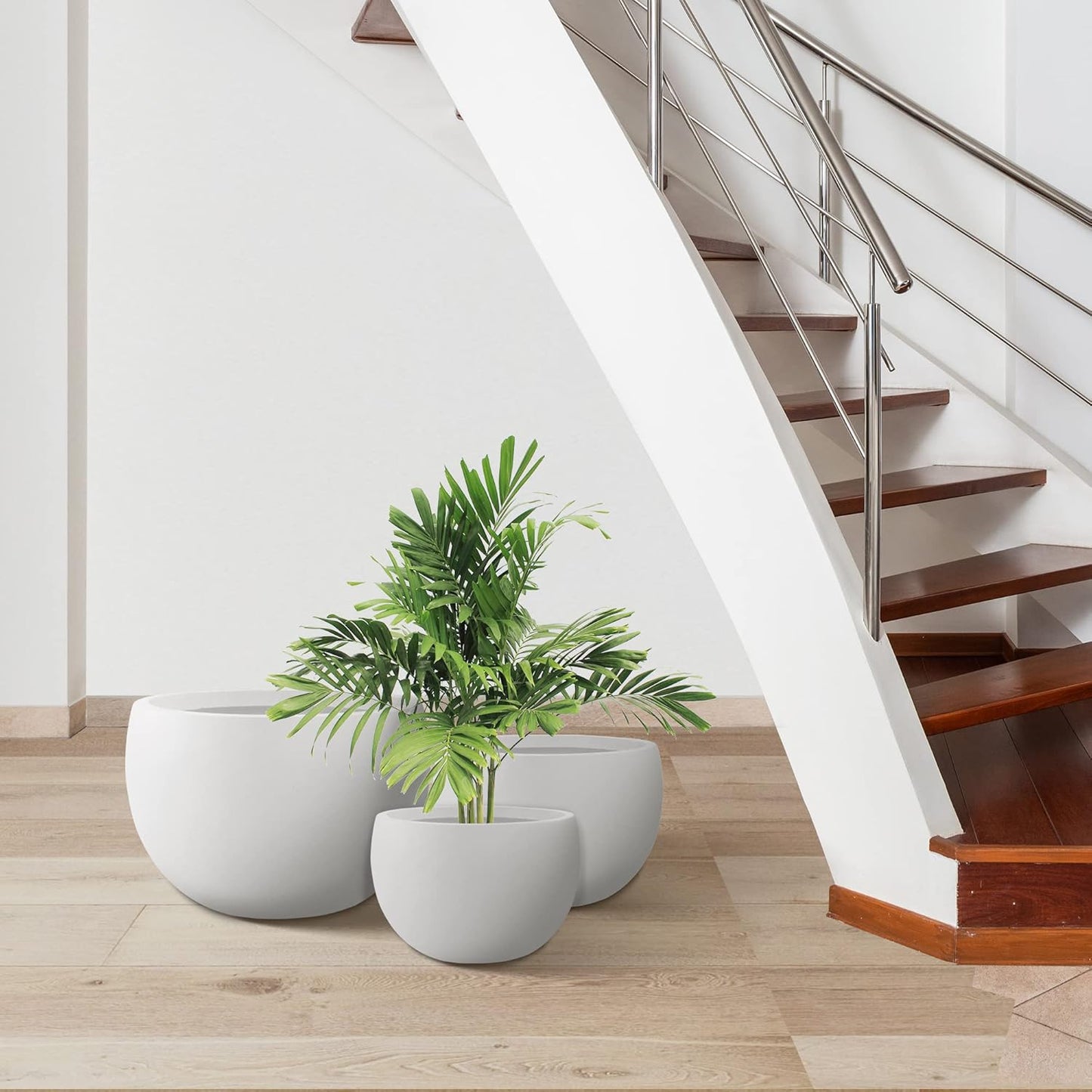 Kante 19.9",15.7",11.8" Dia Round Concrete Planter Set of 3, Outdoor/Indoor Large Bowl Plant Pots with Drainage Hole and Rubber Plug for Garden Patio Balcony Home, Pure White