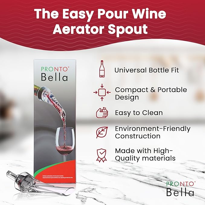 The Easy Pour Wine Aerator Spout by Pronto Bella, Professional Wine Aerator Attaches to Bottle for Improved Flavor, Enhanced Bouquet, Rich Finish No-Drip, Spill-Free Design, Gift for Your Wine Friends